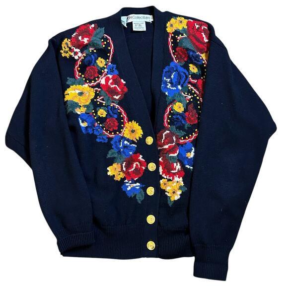 Vtg JH Collectibles Navy Wool Cardigan Sz Large Embroidered Flowers Gold Buttons - Picture 1 of 6
